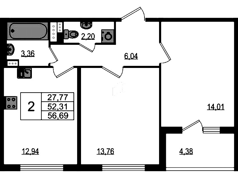 2-комнатная квартира 52.31 м², 3/4 эт., ЖК «Любоград в Стрельне»